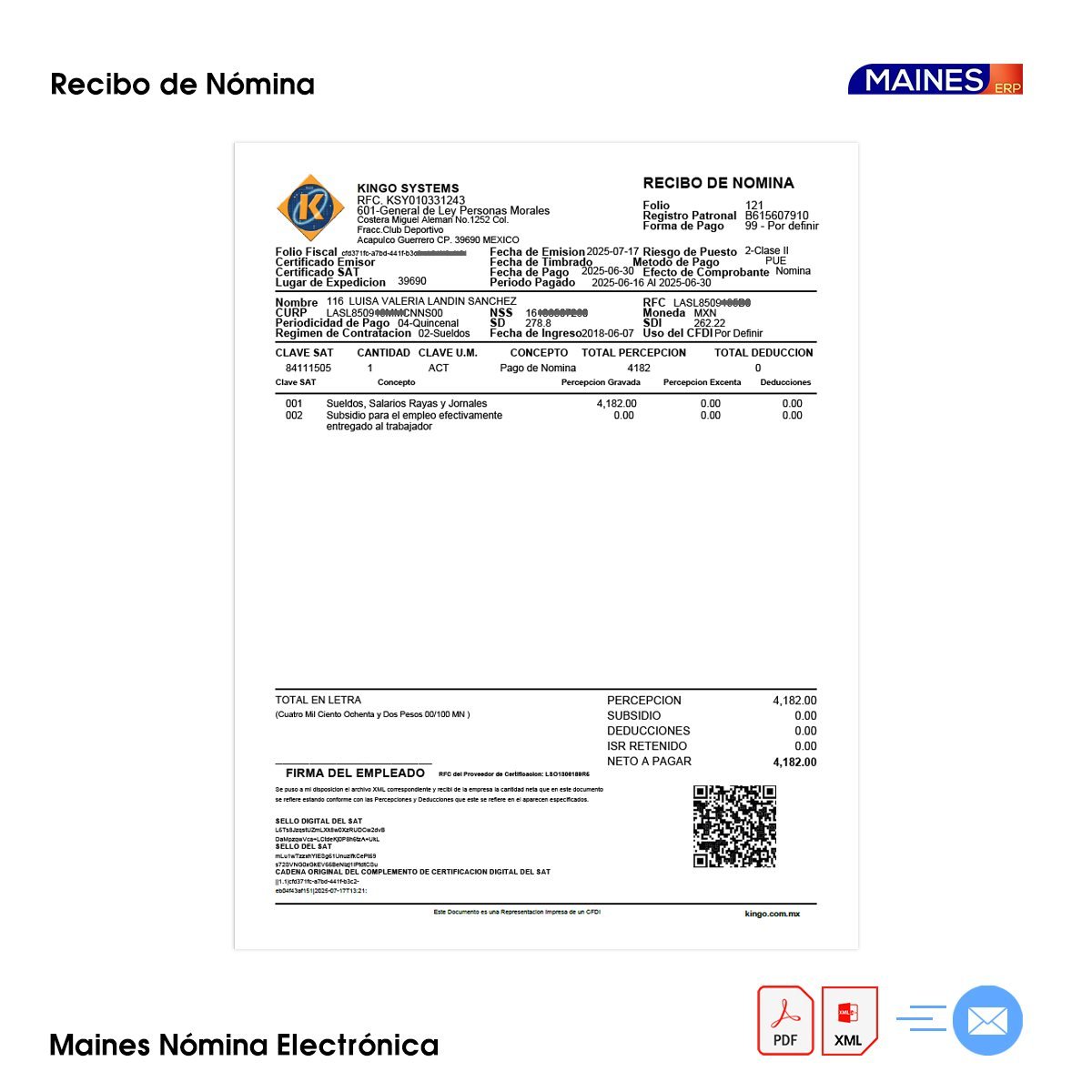 Recibo timbrado en PDF y XML, enviado por email