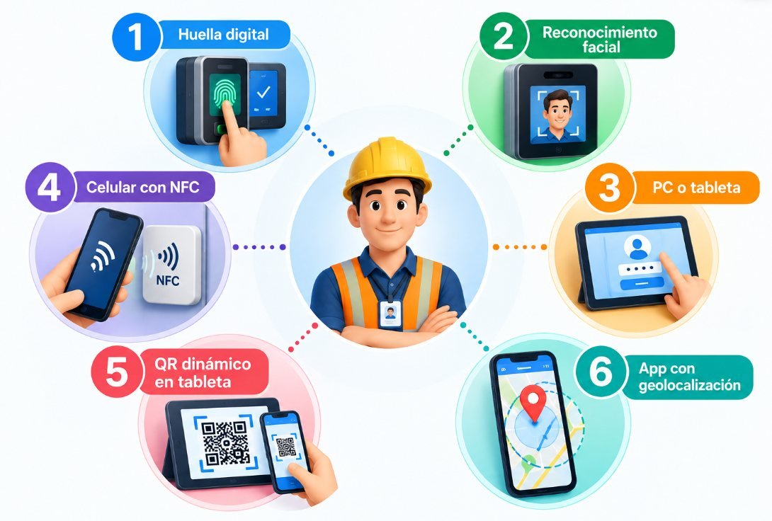 Seis tecnologías para registrar la asistencia: huella digital, reconocimiento facial, PC o tableta, celular con NFC, QR dinámico y app con geolocalización